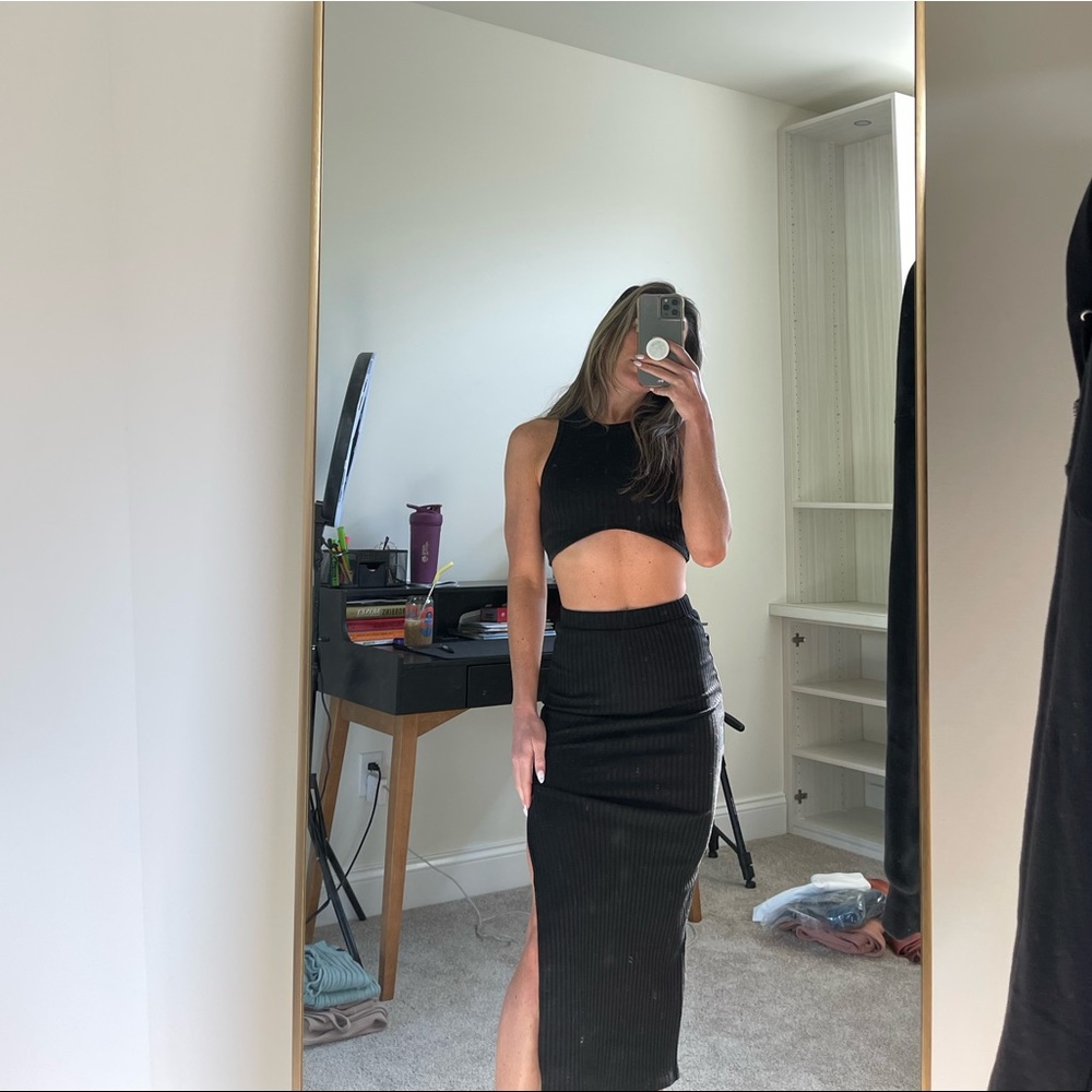 Princess Polly Black Ribbed Cutout Crop Top & Skirt Set